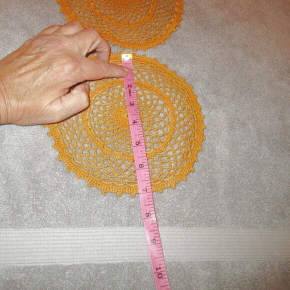 Vintage SET OF 2 Handmade CROCHET Lace DOILY Round GOLD Orange TABLE Decor - Picture 9 of 9